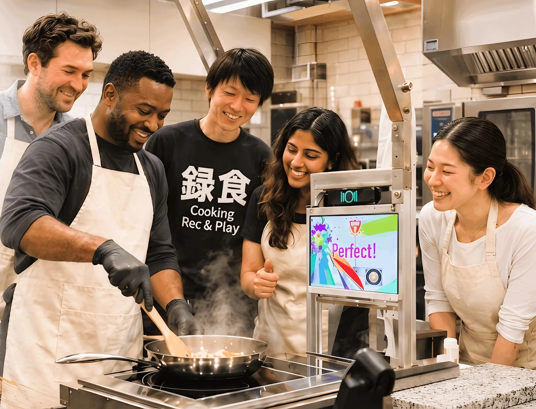 料理教室のイメージ。エプロン姿の参加者たちが中華鍋を囲んで笑顔で調理し、画面に「Perfect!」と表示されている。